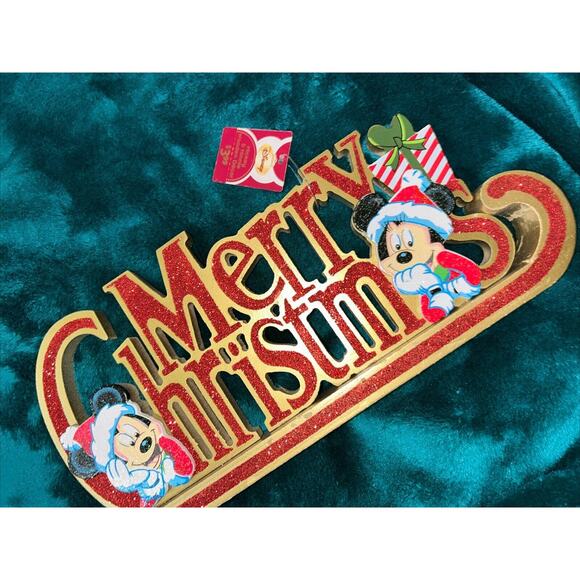 Vintage Disney Mickey And Minnie Mouse Merry Christmas Wooden Tabletop Sign NEW - Picture 2 of 10